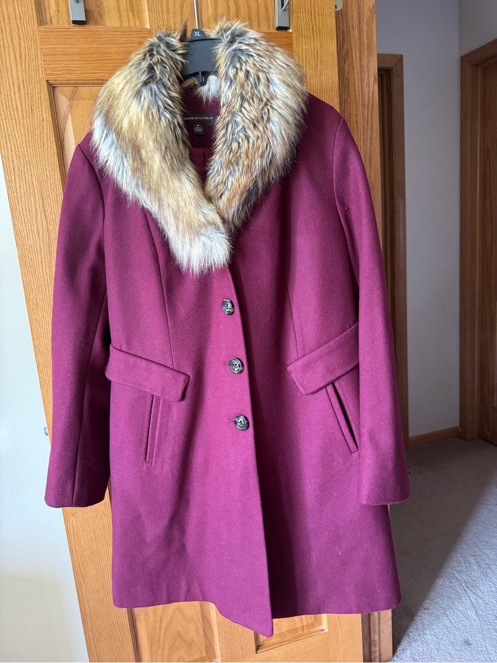 Dana Buchman Burgandy Coat with Faux Fur Collar